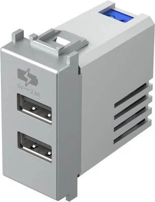 Розетка с USB-портом, 5В, 2,4A, серебро